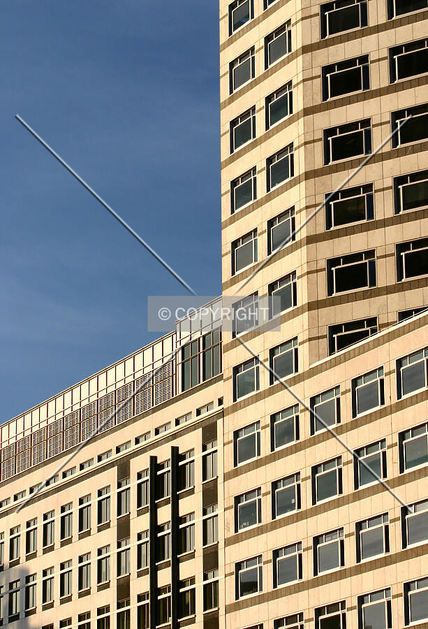 View northwest from along Cabot Square at sunset