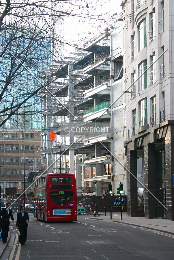 View northwest of the emerging steel frame from Bevis Marks