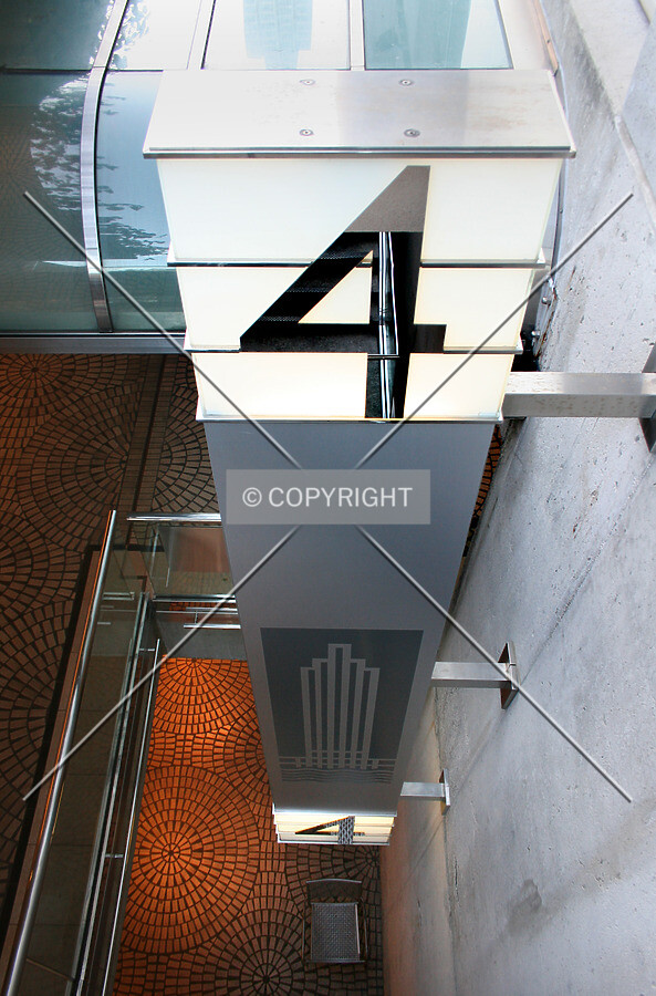 Embarcadero Four logo sign in the multi-level plaza section