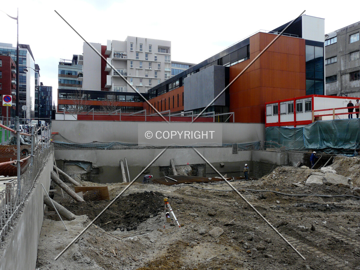 East view of the first raker beams installed