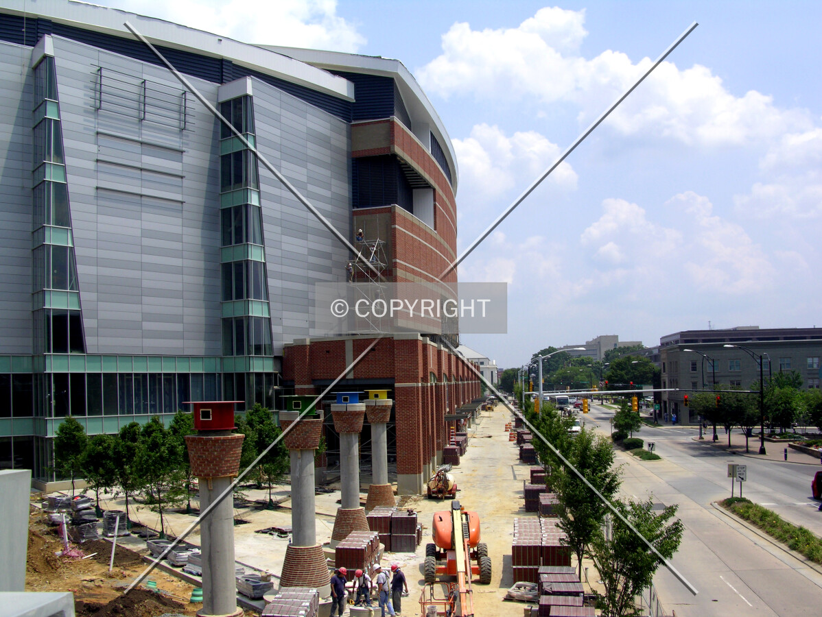 Elevated view from the west along East Trade Street