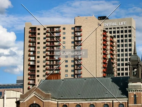 Distant view to the southeast from Cedar Street, beyond the St. Louis Catholic Church