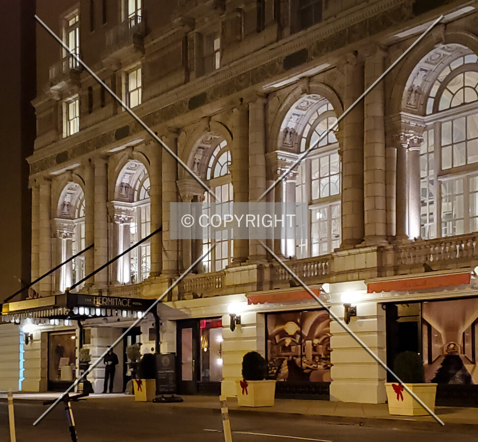 Entrance area at night; December 25, 2021