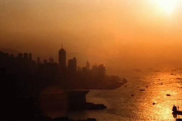 Skyline and harbor at sunset