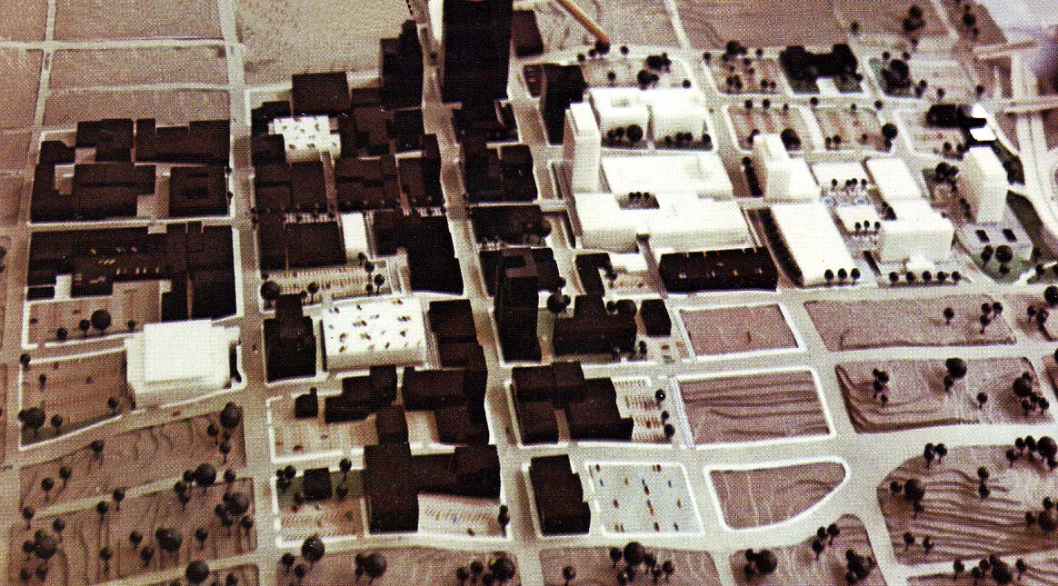 Downtown redevelopment scheme from the late 1960's view from the west along 4th Street