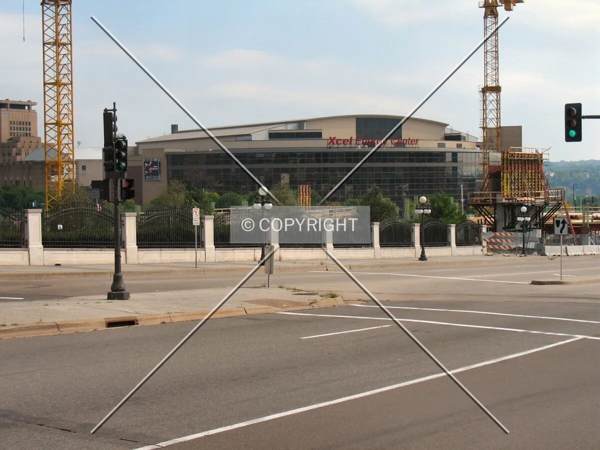 View to the southeast across Kellogg Boulevard, Xcel Energy Center in background