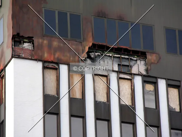 Fire damage on the upper floors of the southern side