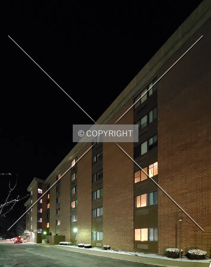 South facade at night; February 14, 2020