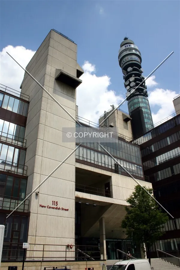 Looking towards the entrance from New Cavendish Street with the BT Tower in the background