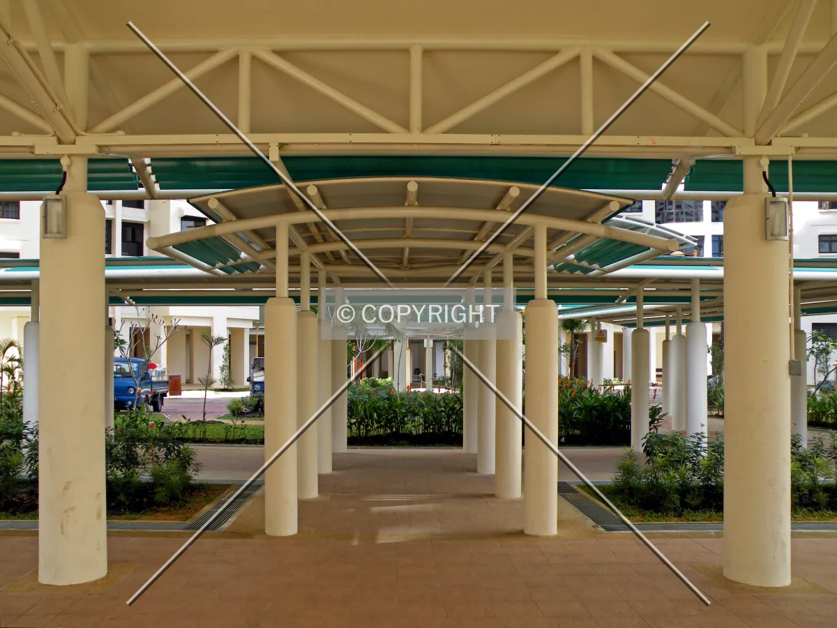 Covered walkway system as seen from Block 25