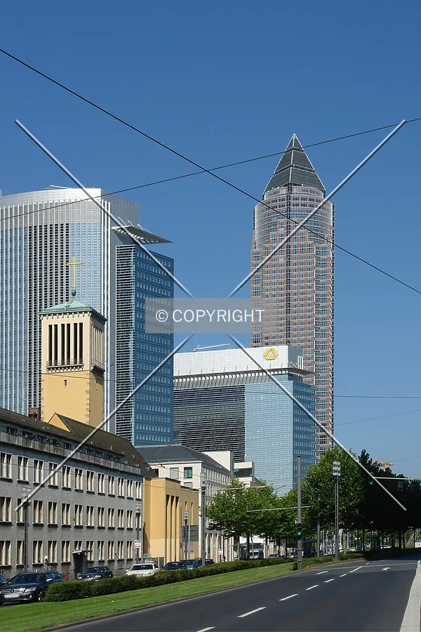 Messeturm in Frankfurt as seen from direction Hauptbahnhof and Platz der Republik