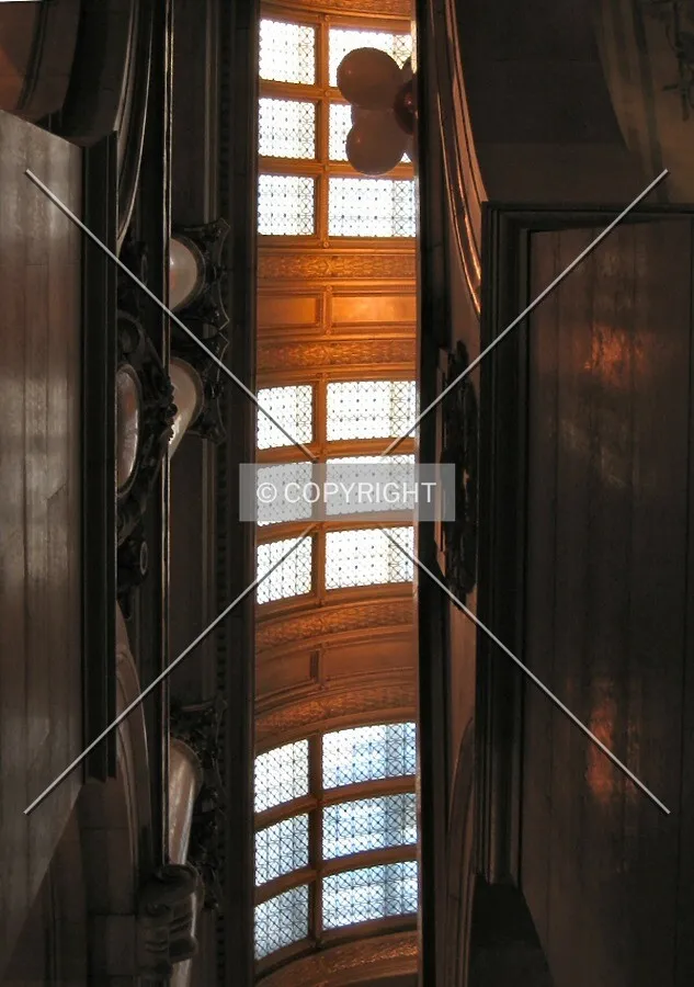 Looking up to the east corridor skylight from the ground floor