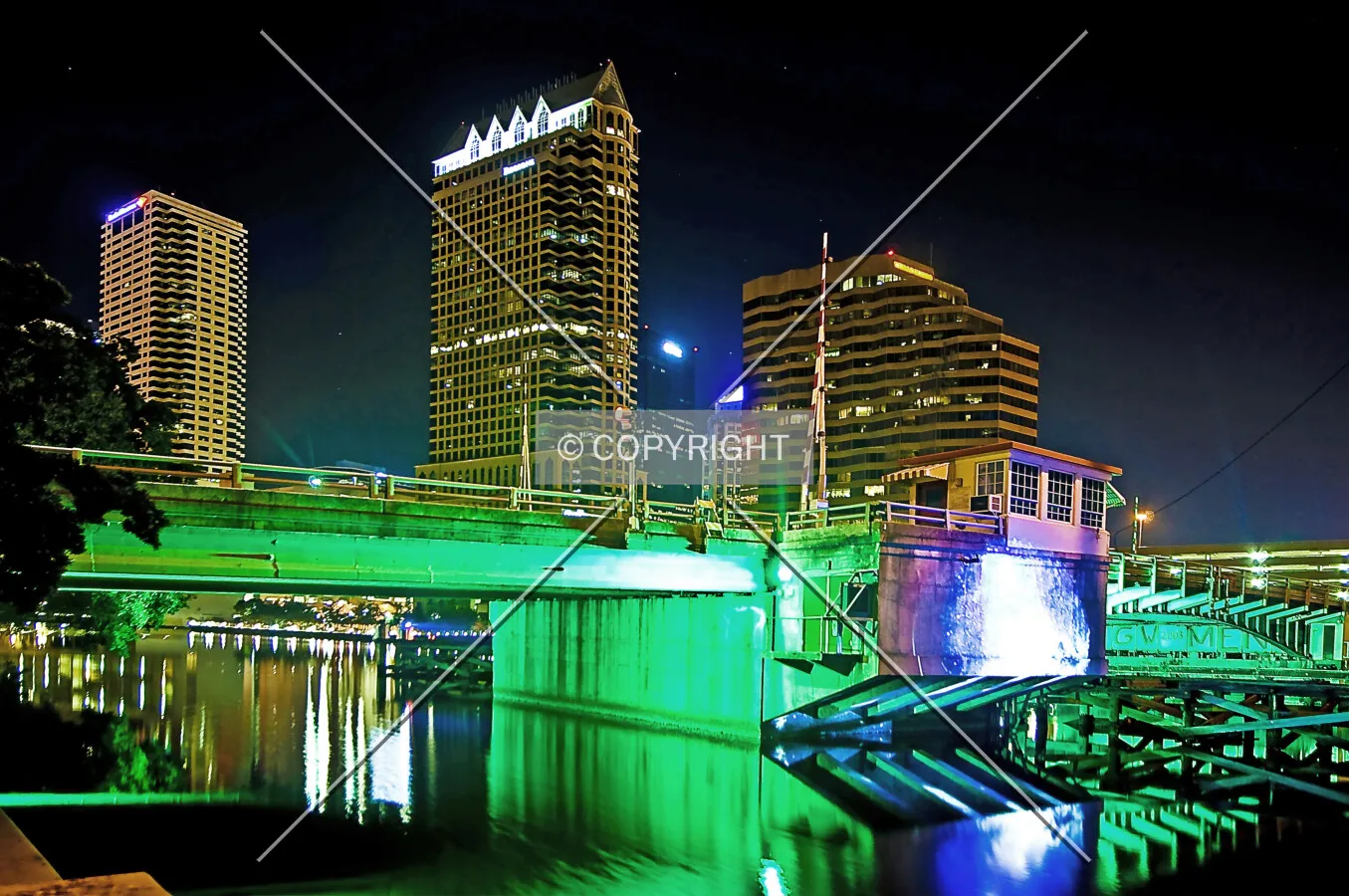 View from the southwest along the Hillsborough River at night.