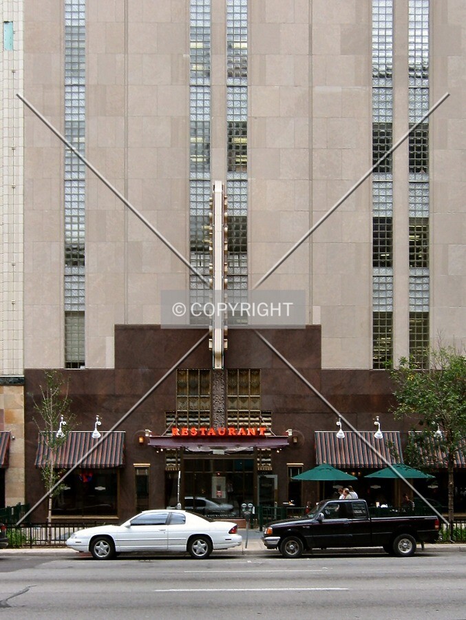 West entrance from across Washington Street, notice glass block windows