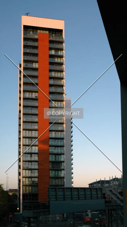Sunlight strikes the eastern elevation