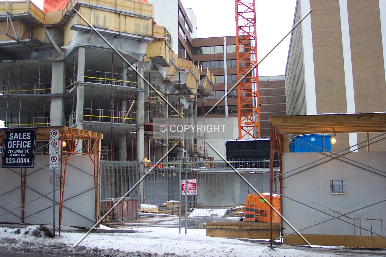 The area between the two towers, the current base of the crane