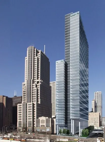 Rendering as seen from the northeast, with NBC Tower on the left