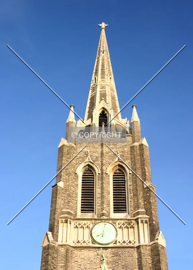 Top of the tower and spire from South Grove