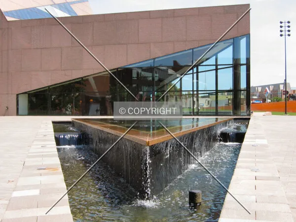 Water feature and the southwest corner