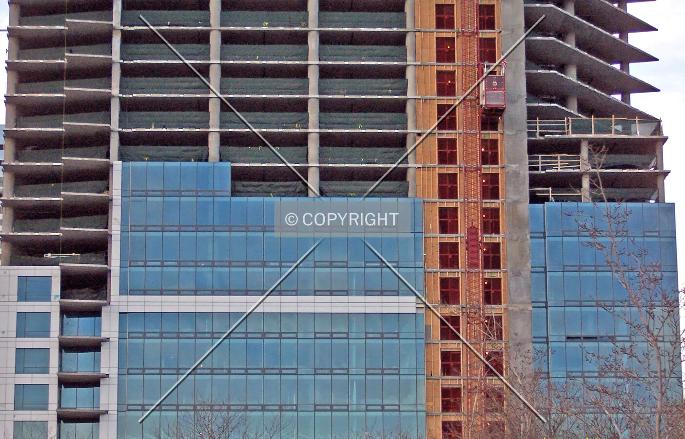 Window glazing on the lower floors of the south facade