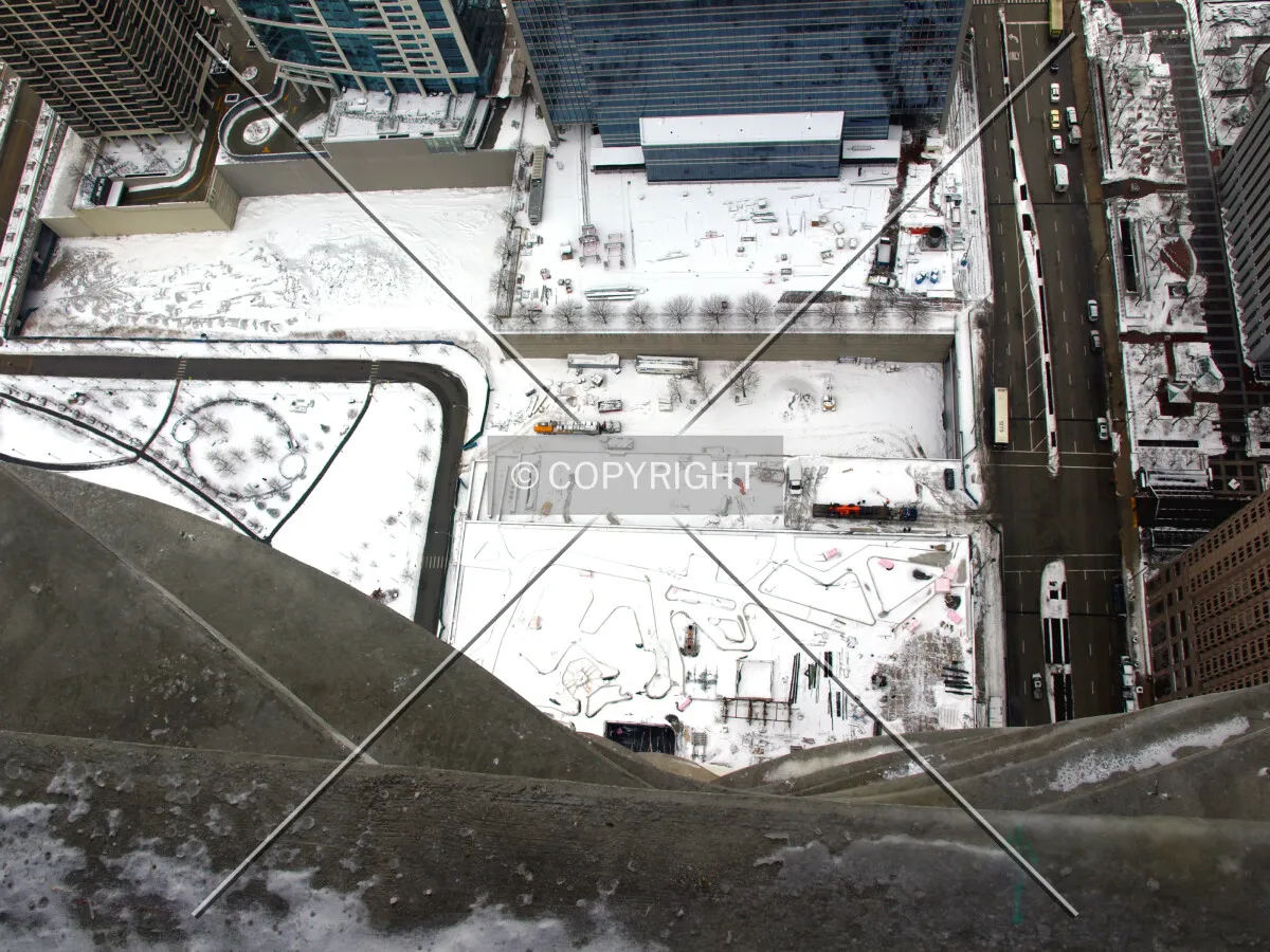 Looking down south side of building