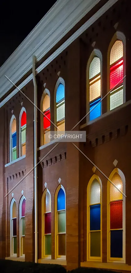 Stained glass windows on the north facade; December 25, 2021