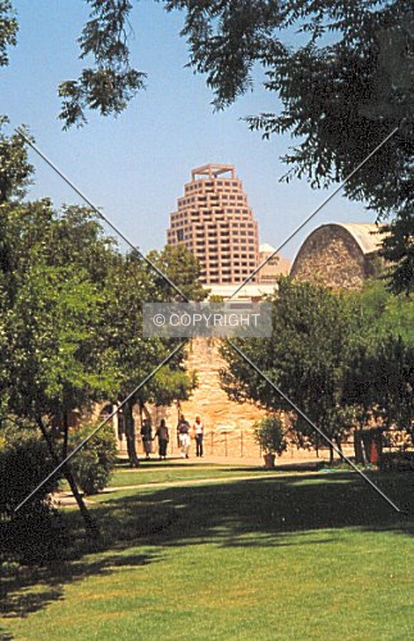 View from the Alamo park grounds with the backside of the Alamo in foreground