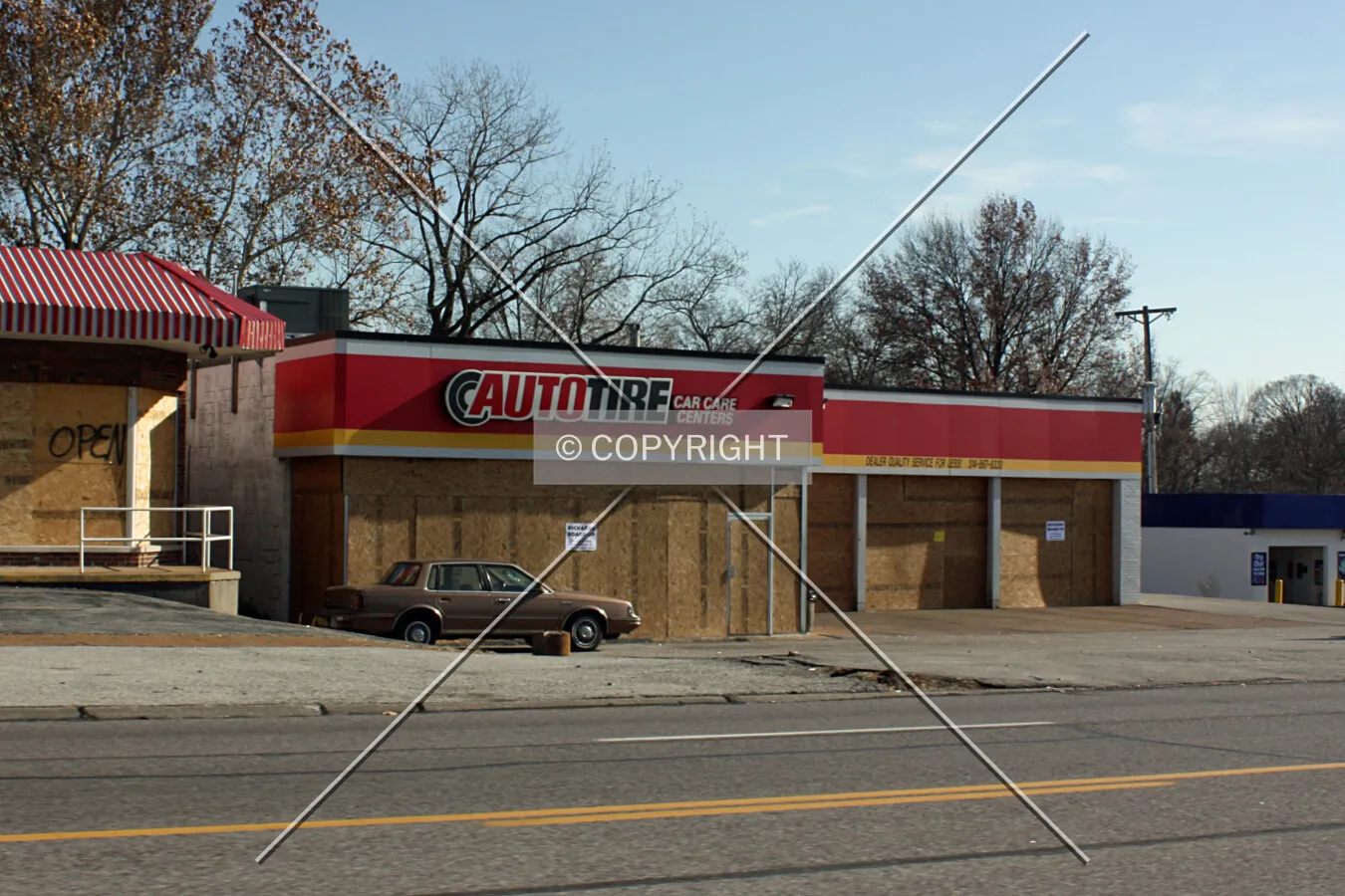 View from the northwest after being damaged by vandalism during the Michael Brown protests; November 29, 2014