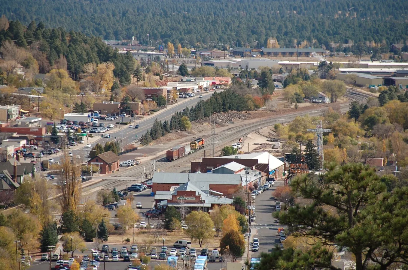Distant view of a train heading east