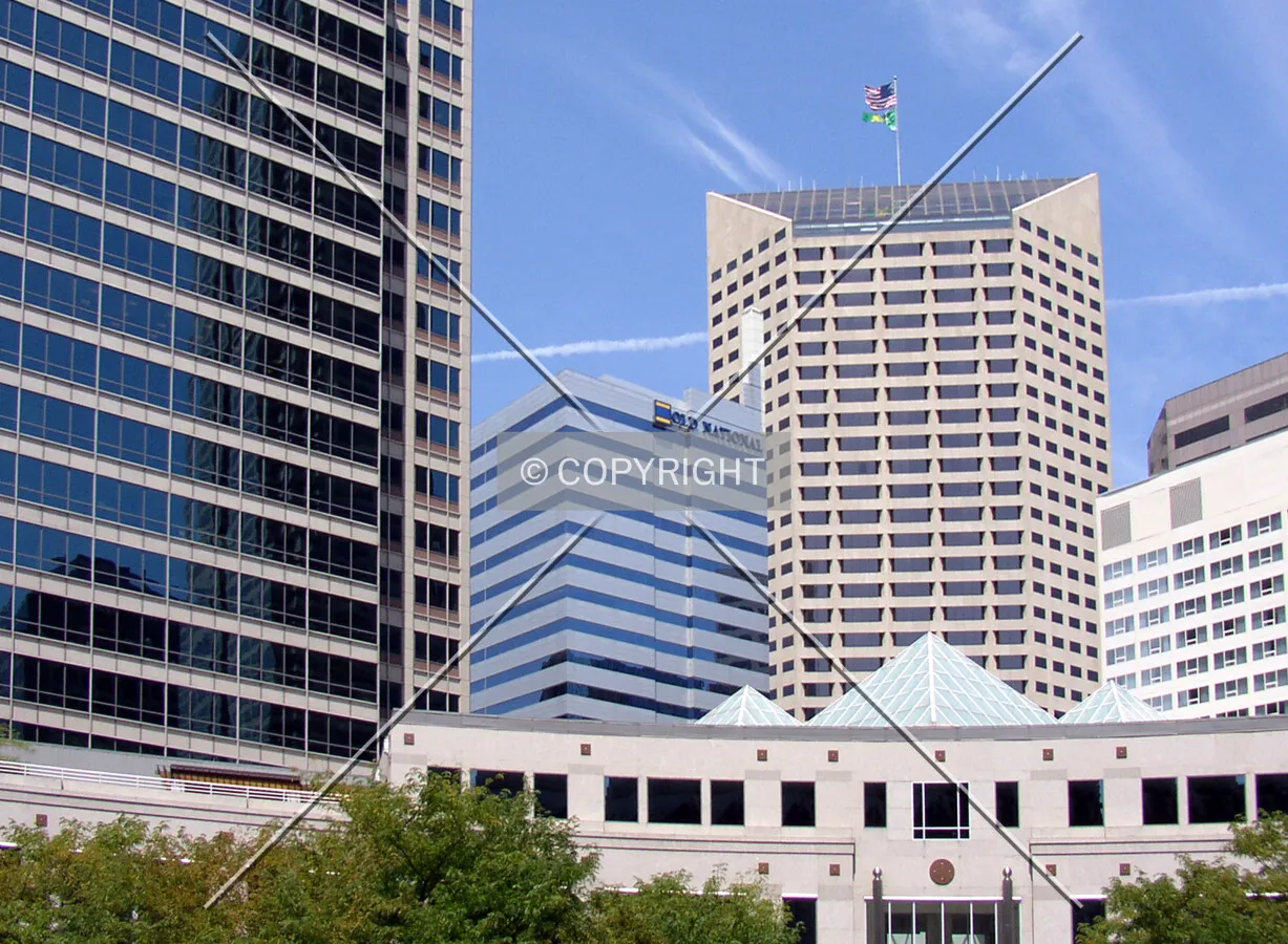 Looking northwest from Monument Circle with the AUL Tower standing tallest