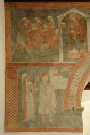 Wall painting of the Magi offering gifts to Christ and the parallel offering of the church to God