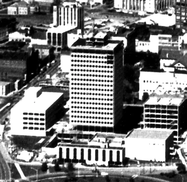 View from the southeast with the exterior nearing completion