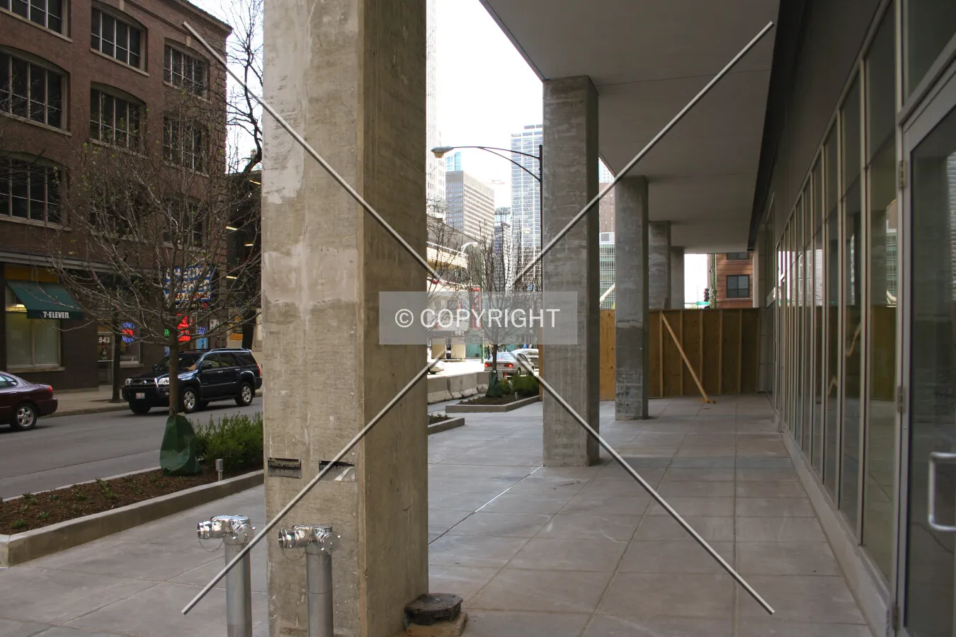 Looking south through the colonnade on St. Clair Street