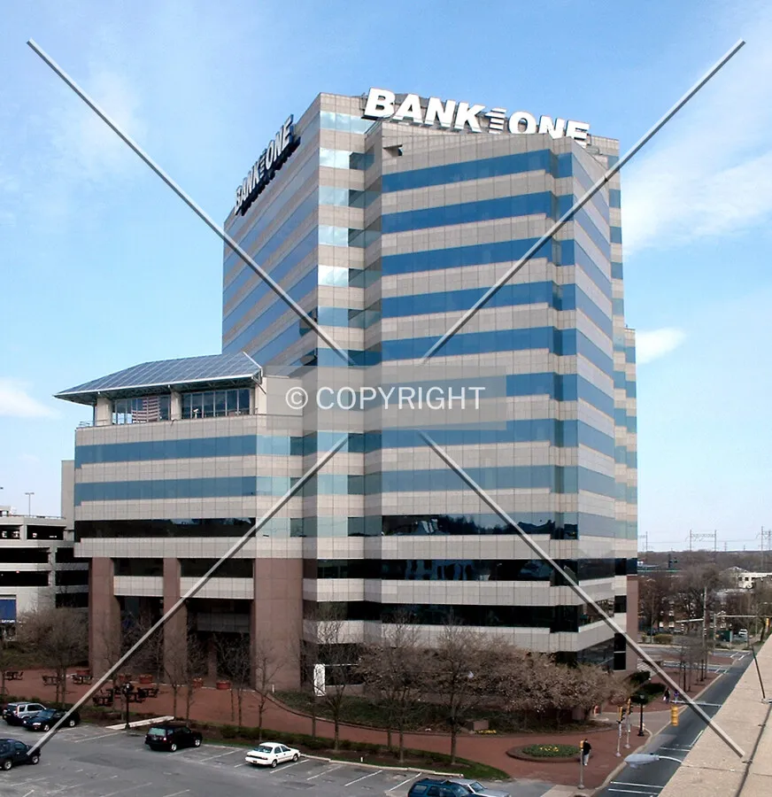 Vintage view from the northwest showing the former Bank One sign