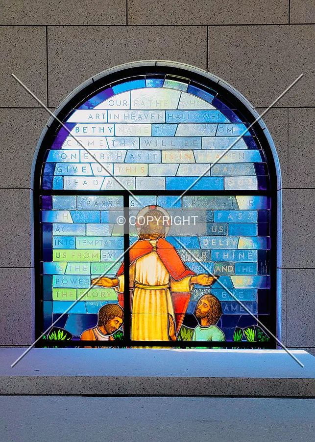 View across the interior towards one of the stained glass windows; August 1, 2021