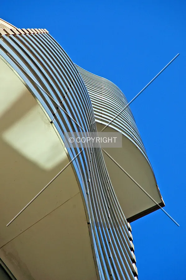 Overhanging balconies on the southwest side