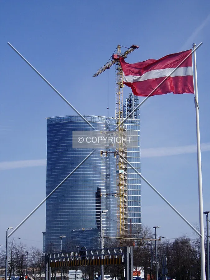 View from Kalnciema Street with Latvian national flag in the foreground