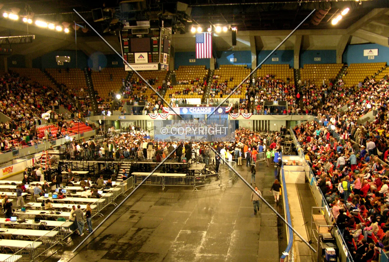 Interior from the east stands prior to a Barack Obama rally