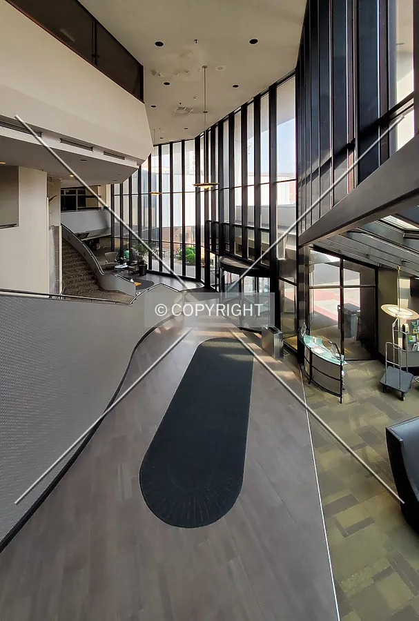 Looking down on the lobby from the mezzanine level; June 27, 2020