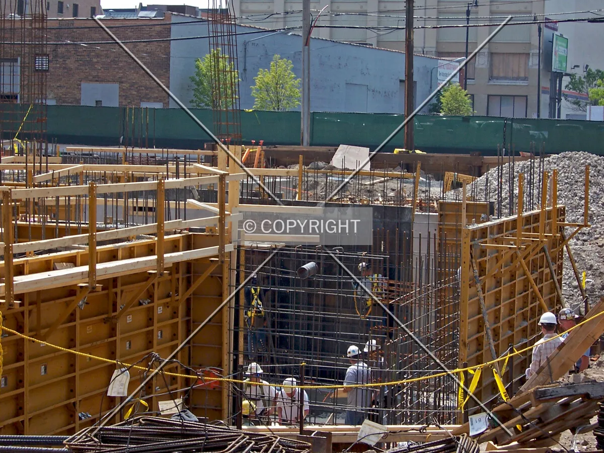 Workers assembling the rebar cage of the core sheerwalls
