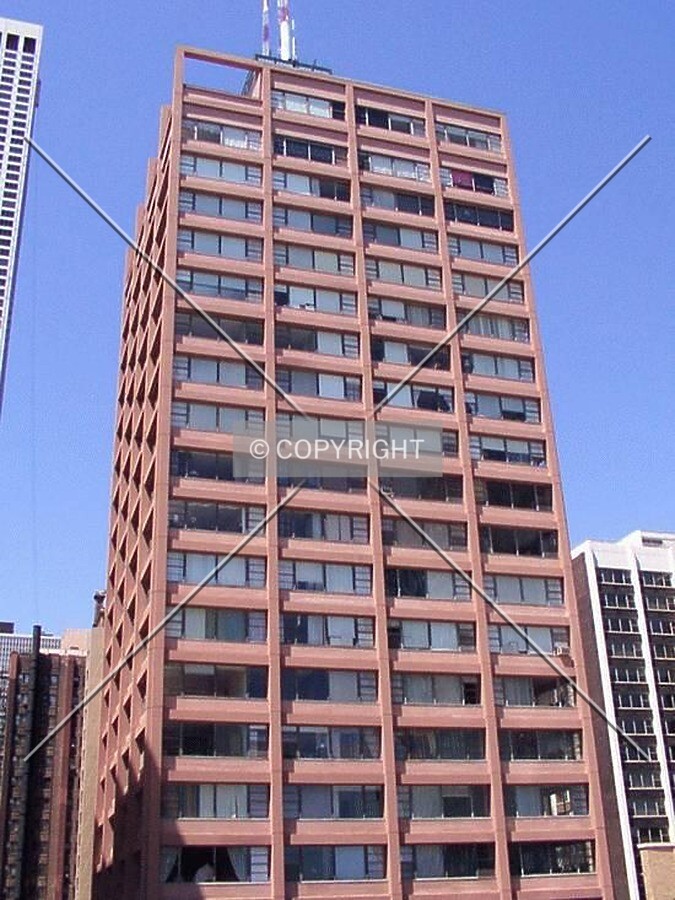 East side, viewed from the parking garage next door