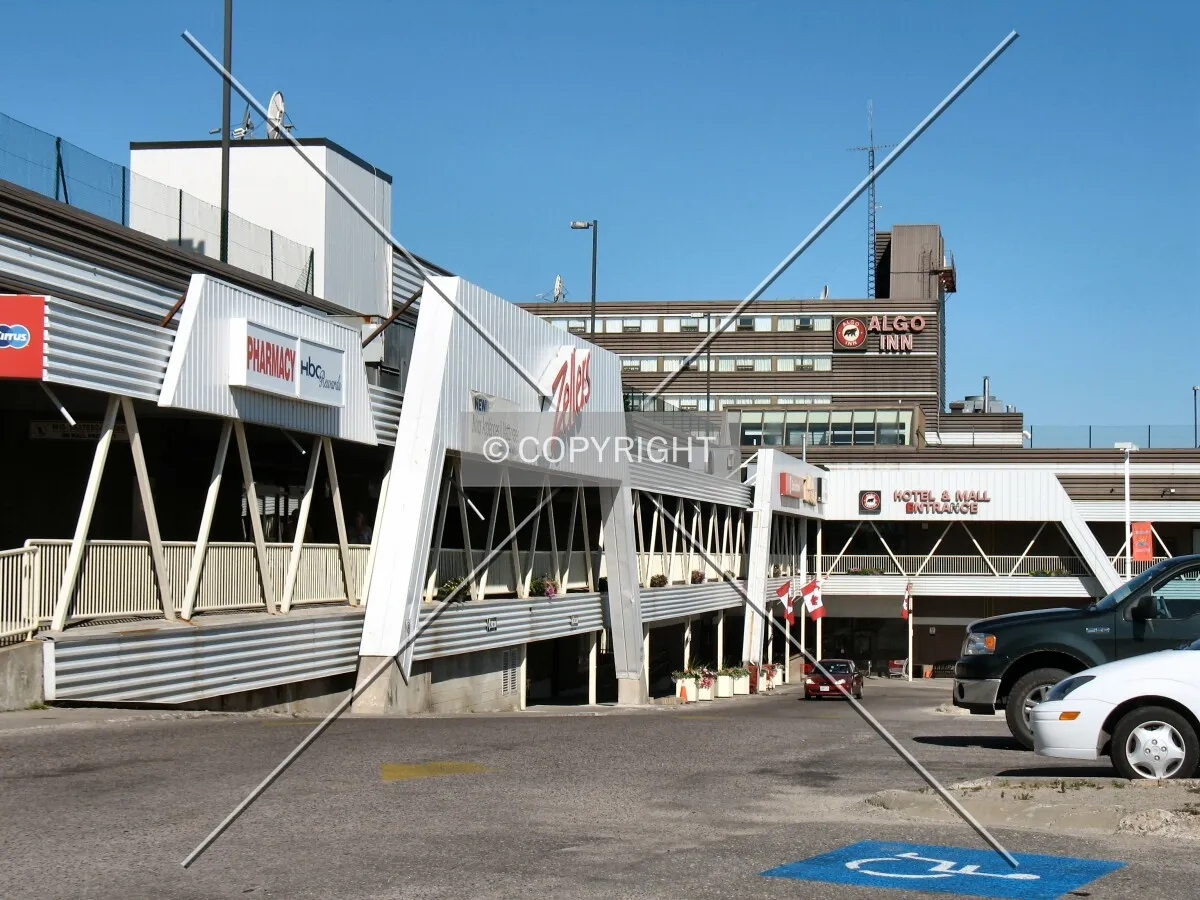 View from the southeast, showing the two level mall, and hotel tower in the distance