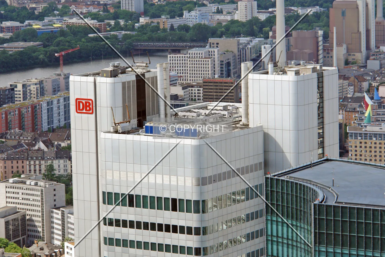 Roof section of Silver Tower including the logo of Deutsche Bahn
