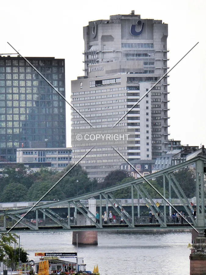 The Hotel Intercontinental on a cloudy day in August 2016, as seen from a Main river bridge