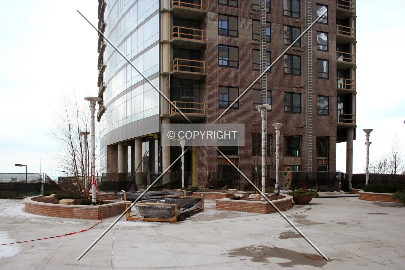 Looking east at the base from across the new plaza