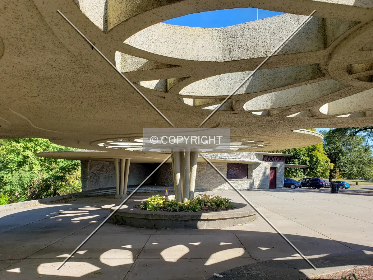 View under the pergolas towards the bandstand and restrooms; October 5, 2019
