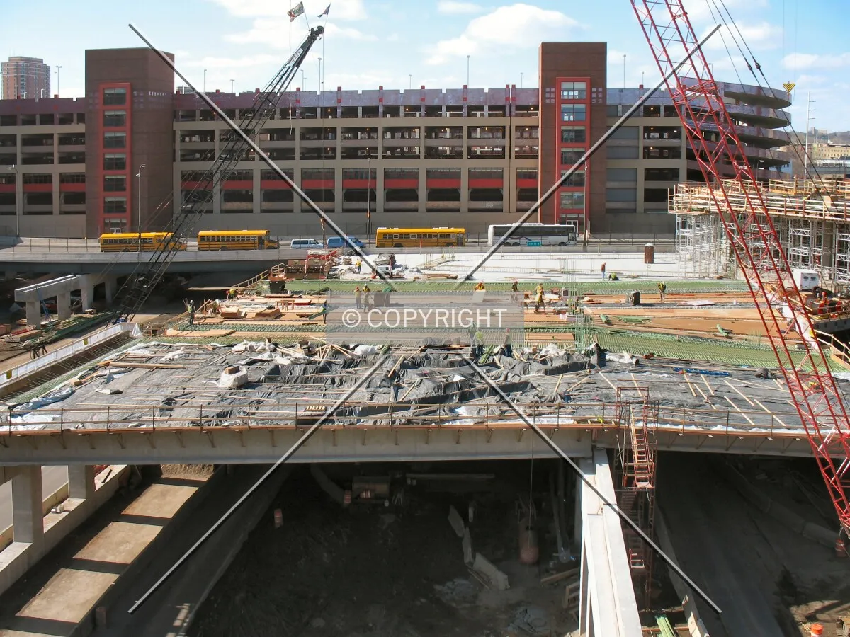 View to the southwest from Garage B, decking over Interstate 394 for a large plaza