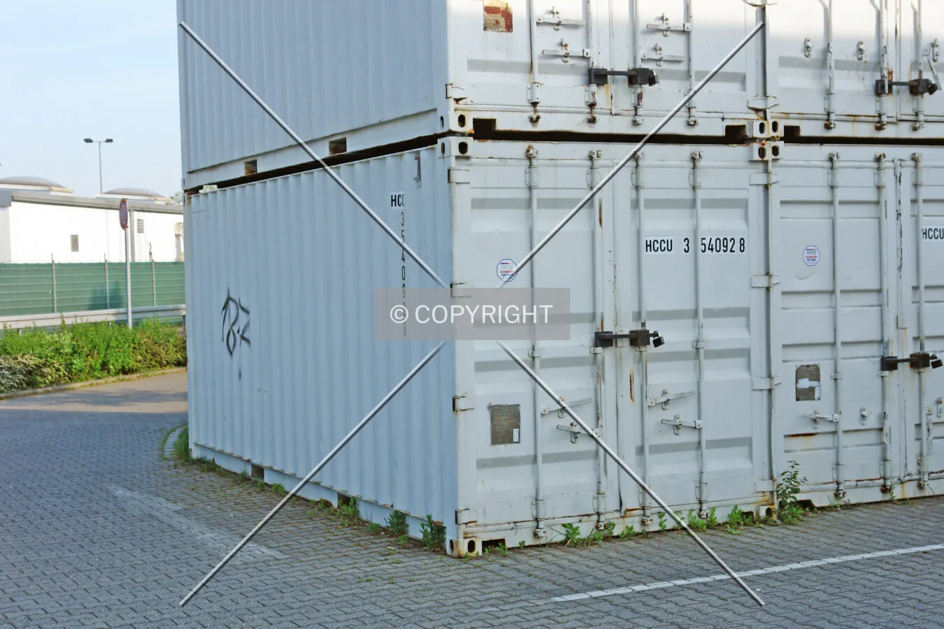 A white intermodal container