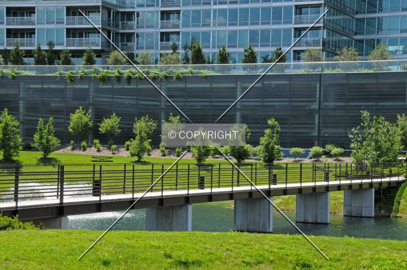 Bridge over the ponds and the rear elevation of the Elm Tower in the background