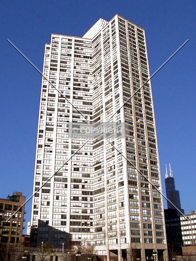 View from the southeast, towering over the Sears Tower